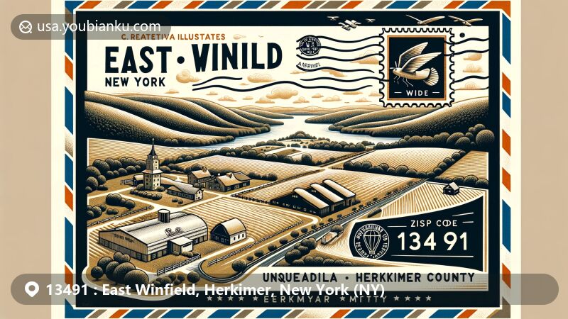 Modern illustration of East Winfield, New York, showcasing postal theme with ZIP code 13491, featuring local agricultural scenery, the Unadilla River, key routes like U.S. Route 20 and New York State Route 51, a dairy farm, Herkimer County's outline, and historical building silhouette.