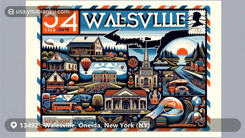 Modern postal-themed illustration of Walesville, Oneida County, New York, showcasing ZIP code 13492 with local symbols and New York state flag.