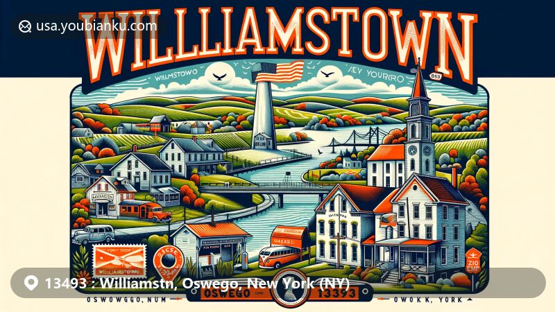 Modern illustration of Williamstown, Oswego County, New York (NY), highlighting rural landscapes, Case Wall, Kasoag, and postal symbols like vintage stamps and ZIP code 13493.