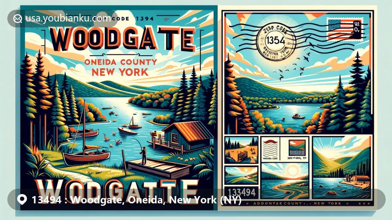 Modern illustration of Woodgate, Oneida County, New York, highlighting outdoor activities like fishing, boating, and hiking in the Western Adirondacks, featuring postal theme with ZIP code 13494.