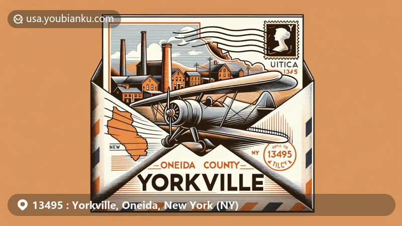 Modern illustration of Yorkville, Oneida County, New York (NY), showcasing aviation-themed envelope with ZIP code 13495, featuring postage stamp and postmark, incorporating Oneida County's geographical outline and highlighting village's history with textile mills and proximity to Utica.