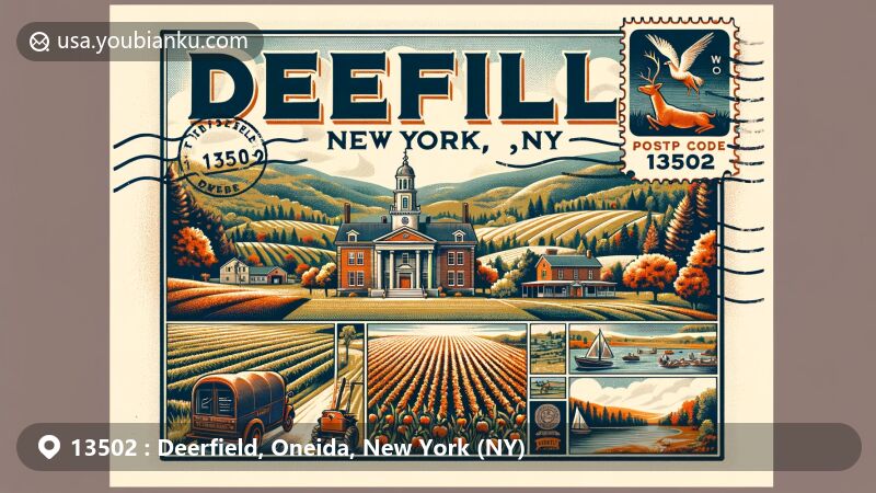 Modern illustration of Deerfield, NY, showcasing agricultural heritage, historical charm with Deerfield Town Hall, natural beauty of Adirondack Park, and postal theme with vintage elements and New York state flag.