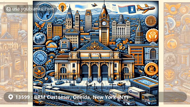 Modern illustration of Utica, New York, highlighting postal theme and cultural landmarks, including Utica Union Station, Stanley Center for the Arts, Utica Zoo, Munson-Williams-Proctor Arts Institute, and Utica Memorial Auditorium, for ZIP code 13599.