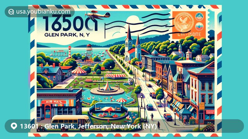 Modern illustration of Glen Park, Jefferson County, New York, featuring postal theme with air mail envelope, stamps, and postmark showing '13601 Glen Park, NY'. Celebrates local history, Remington Paper Company, and scenic Black River backdrop.