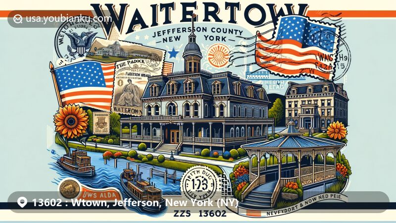 Modern illustration of Watertown, Jefferson County, New York, showcasing Paddock Arcade, Flower Library, Paddock Mansion, and Fort Drum, incorporating state and local symbols, and postal theme with ZIP code 13602.