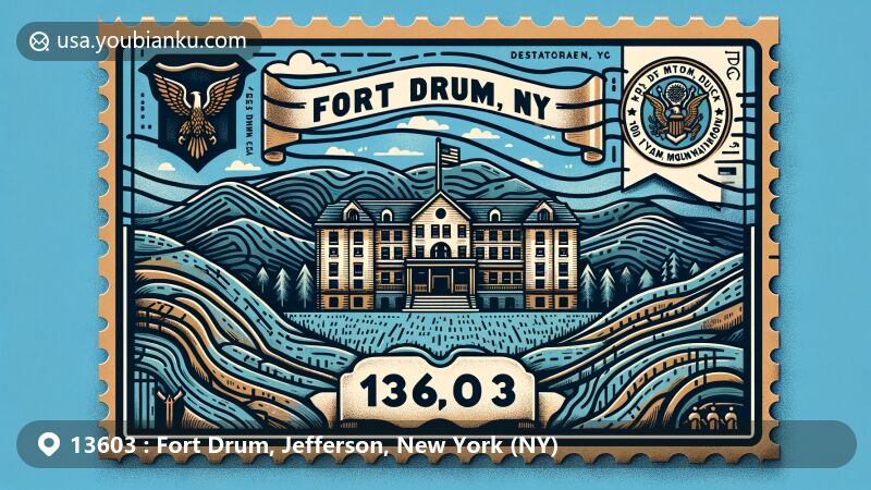 Modern illustration of Fort Drum, NY 13603, featuring LeRay Mansion, 10th Mountain Division emblem, and mountain contours, symbolizing military history and natural landscape.