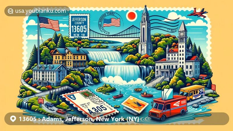 Modern illustration of Adams, Jefferson County, New York (NY) showcasing ZIP code 13605, featuring Talcott Falls, Jefferson County map outline, New York state flag, postal elements like stamps, postmark, mailbox, and mail truck.