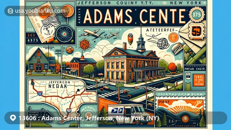 Modern illustration of Adams Center, Jefferson County, New York, featuring vintage-style map, postal themes with ZIP code 13606, and strategic location near Interstate 81 and U.S. Route 11.