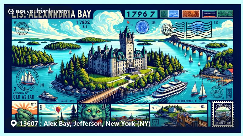 Modern illustration of Alexandria Bay, Jefferson County, New York, showcasing iconic landmarks like Bolt Castle and Thousand Islands Bridge, capturing the essence of the region with lush green islands and serene blue waters, integrated with vintage postal elements including ZIP code and stamps.
