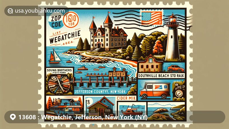 Modern illustration of Wegatchie, Jefferson County, New York, showcasing iconic landmarks like Boldt Castle, Cornwall Brothers Store Museum, Southwick Beach State Park, Burrville Cider Mill, Kring Point State Park, and Old Tibbetts Point Lighthouse, creatively integrated with postal elements.