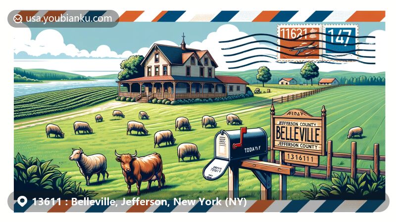Modern illustration of Belleville, Jefferson County, New York, capturing rural charm with cows and sheep grazing on a family farm, set in a postcard-style design with a wooden mailbox showcasing ZIP code 13611.