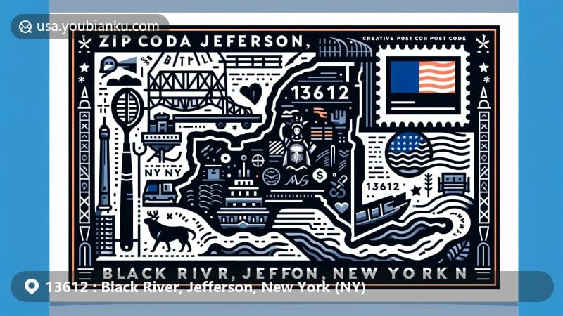 Creative postcard illustration of 13612, Black River, Jefferson, New York, showcasing postal theme with ZIP code and New York state symbols.