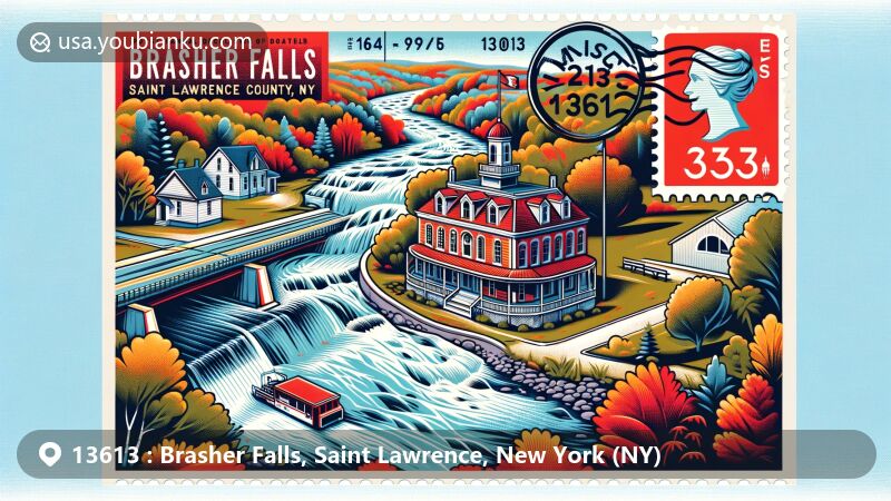 Contemporary illustration of Brasher Falls, Saint Lawrence County, NY, representing postal theme with ZIP code 13613, featuring St. Regis River and historic Dr. Buck-Stevens House.
