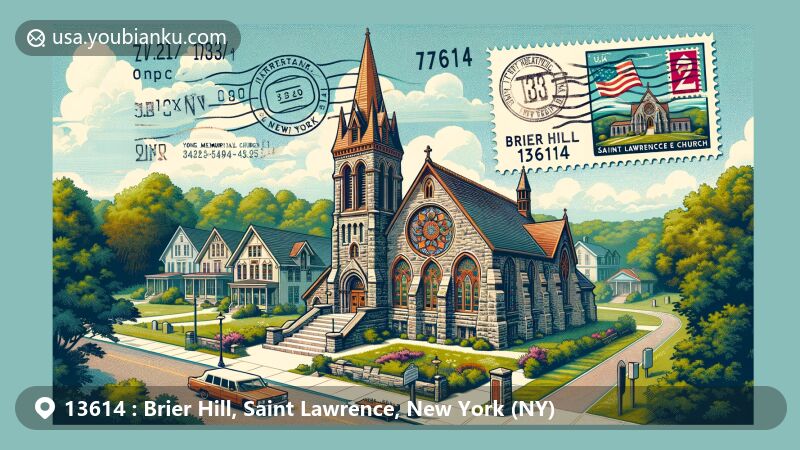 Modern illustration of Young Memorial Church in Brier Hill, Saint Lawrence County, New York, featuring Arts and Crafts architectural style, lush greenery, and postal elements, capturing the charm of the area.