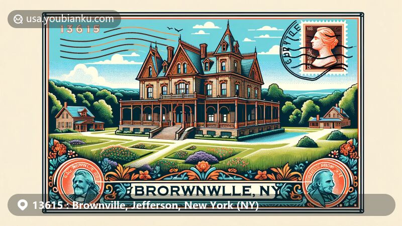 Modern illustration of General Brown's Mansion in Brownville, Jefferson, New York (NY), showcasing postal theme with ZIP code 13615, surrounded by typical New York state natural landscapes.