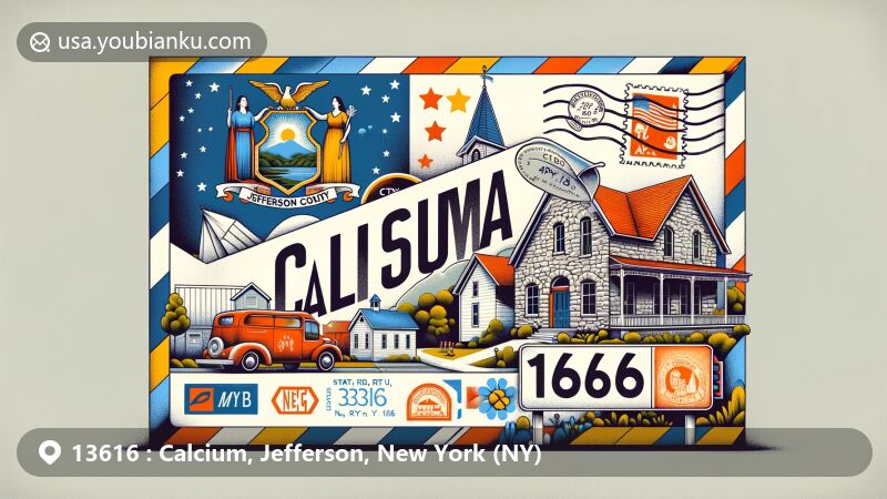Modern illustration of Calcium, Jefferson County, New York, highlighting postal theme with ZIP code 13616, featuring airmail envelope, stamps, New York State flag, and Calcium's regional elements.