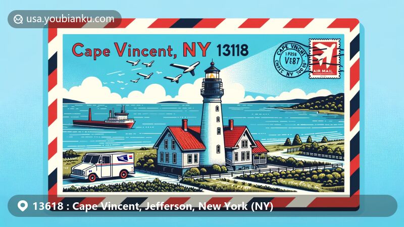 Modern illustration of Cape Vincent, Jefferson County, New York, centering on Tibbetts Point Lighthouse, featuring postal theme with air mail envelope, stamps, postmarks, and mail truck.