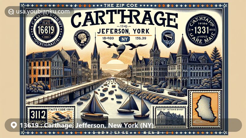 Modern illustration of Carthage, Jefferson County, New York, highlighting State Street historic district with late 19th-century commercial buildings in Gothic, Italianate, and Renaissance Revival styles, incorporating elements symbolizing Black River, including vintage airmail envelope, NY state stamp, and prominent ZIP code 13619.