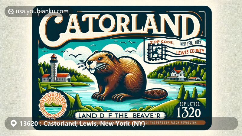 Modern illustration of Castorland, New York, showcasing postcard theme with ZIP code 13620, featuring stylized beaver symbol, Black River, Beaver River, and lush greenery, integrated with postal elements like postage stamp and postmark.