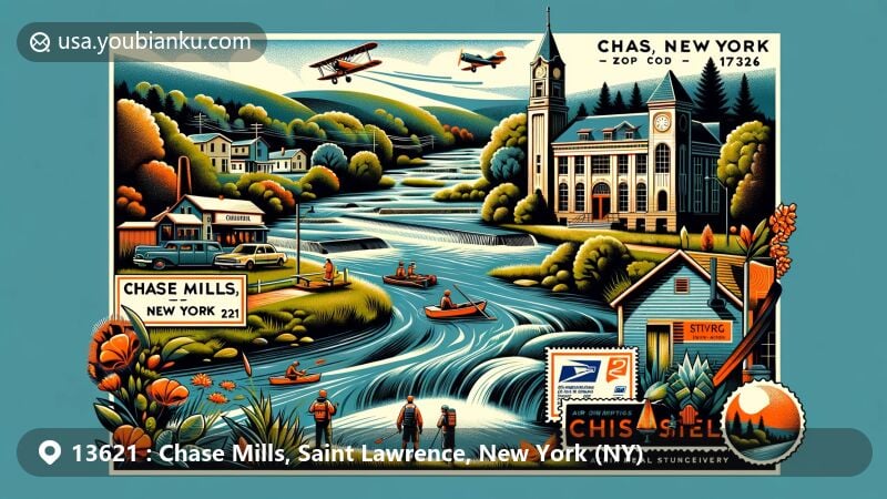 Modern illustration of Chase Mills, Saint Lawrence County, New York, showcasing postal theme with ZIP code 13621, featuring Grasse River's natural beauty and community activities like hiking and fishing.
