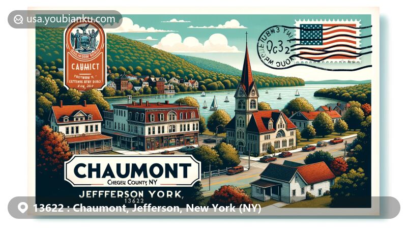 Modern illustration of Chaumont Historic District, Jefferson County, New York (NY), showcasing picturesque New England-style scenery with residences, commercial and fraternal buildings, and a church, featuring lush greenery and a serene lake.