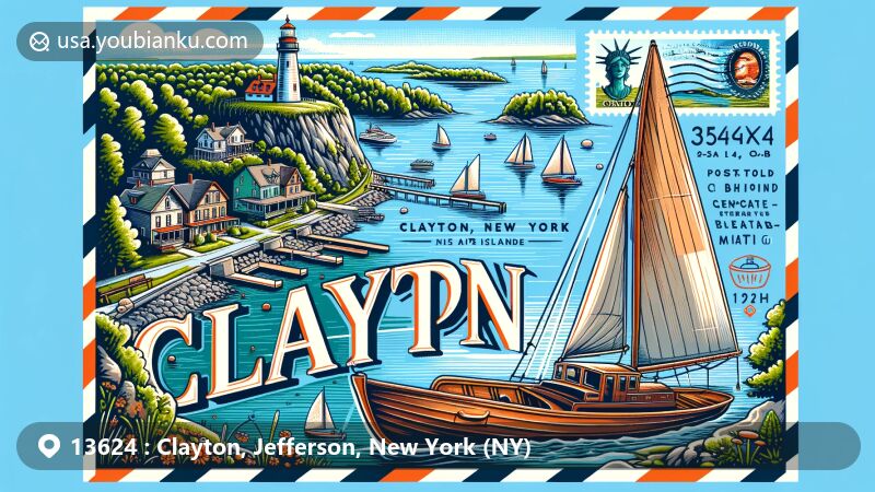 Modern illustration of Clayton, New York, highlighting ZIP code 13624, featuring scenic St. Lawrence River and Thousand Islands, with antique wooden boats, Rock Island Lighthouse stamp, and postal theme.
