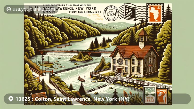 Modern illustration of Colton, Saint Lawrence, New York (NY), showcasing Higley Flow State Park, Stone Valley Trail, and Hepburn Library of Colton in a postal-themed design with ZIP code 13625.