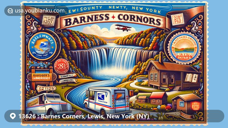 Modern illustration of Barnes Corners, Lewis County, New York, blending natural beauty with postal theme, featuring picturesque Rainbow Falls and Tugger's Campgrounds in a vibrant design with postal elements and ZIP code 13626.