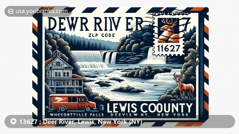Modern illustration of Deer River area, Lewis County, New York, featuring postcard theme with ZIP code 13627, showcasing natural beauty of Talcottville Falls and Whetstone Gulf Falls, along with vintage postal elements like stamps and postmarks.