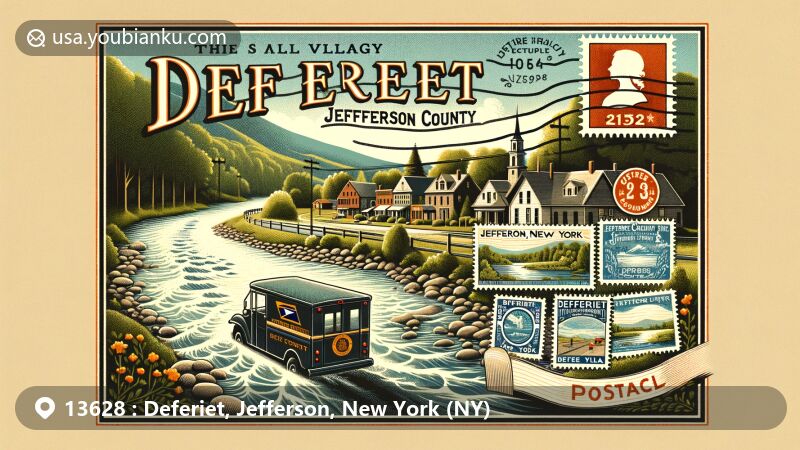 Modern illustration of Deferiet, Jefferson County, New York, showcasing postal theme with vintage postcard format, featuring ZIP code 13628, Black River, and local landmarks.