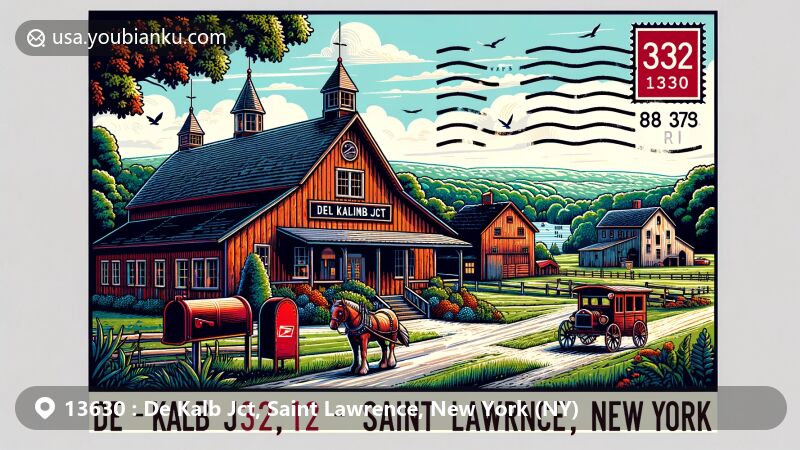 Modern illustration of De Kalb Jct, Saint Lawrence County, New York, showcasing rural charm with historic barns, Crows Inn cottage, and natural beauty, integrating postal elements like vintage post office and red mailbox.