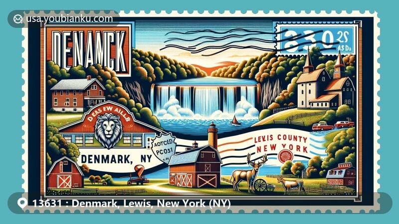 Modern illustration of Denmark, Lewis County, New York, featuring iconic Deer River waterfalls - High Falls and Kings Falls, showcasing town's dairy farming history, connection to Black River, and postal theme with ZIP code 13631.