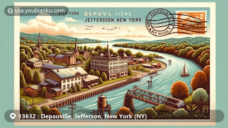 Modern illustration of Depauville, Jefferson County, New York, featuring Chaumont River, historic manufacturing roots, and Depauville Hotel, with vintage postcard elements and subtle nods to area's history.