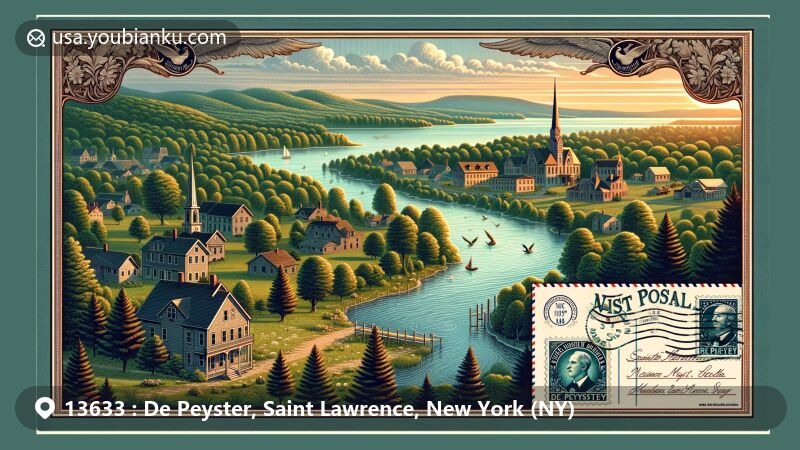 Modern illustration of De Peyster, Saint Lawrence County, New York, highlighting scenic beauty of Oswegatchie River and Black Lake, featuring 19th-century homestead and Medal of Honor recipient Newton Martin Curtis.