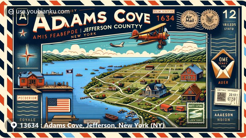 Modern illustration of Adams Cove, Jefferson County, New York, with postal theme highlighting ZIP code 13634, featuring Pillar Point, Point Peninsula, and Lake Ontario, incorporating elements like vintage air mail envelope, state flag postage stamp, 'Adams Cove, 13634, NY' postmark, and mail truck and mailbox illustrations.