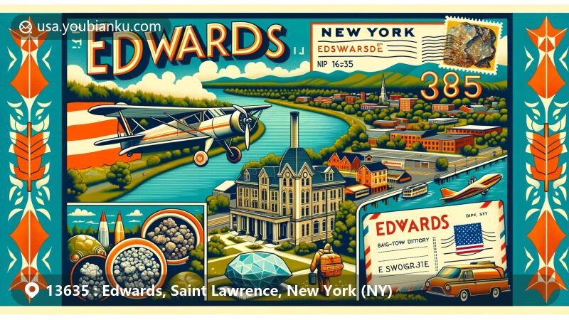 Modern illustration of Edwards, New York, showcasing small-town charm and natural beauty, including Oswegatchie River and cultural landmarks like Edwards Opera House, Balmat-Edwards Zinc District minerals, outdoor activities, and ZIP code 13635.