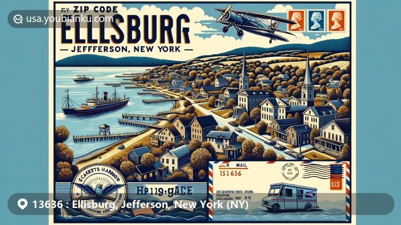 Modern illustration of Ellisburg, Jefferson County, New York, showcasing postal theme with ZIP code 13636, featuring Lake Ontario views and historical landmarks from the War of 1812.