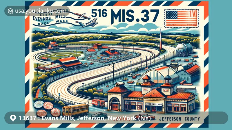 Modern illustration of Evans Mills, Jefferson County, New York, featuring Evans Mills Raceway Park, postal elements, and vibrant background, highlighting ZIP code 13637 and New York state.