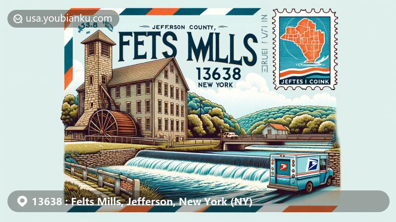 Modern illustration of Felts Mills, Jefferson County, New York, incorporating Taggert Mill with historical significance, vintage postal envelope featuring New York state flag and Jefferson County outline stamps, postal theme with ZIP code 13638.