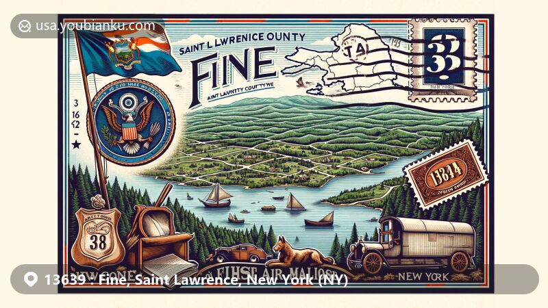 Wide-format illustration of Fine, Saint Lawrence County, New York, highlighting postal theme with ZIP code 13639, featuring natural beauty of Fine town, New York state flag, and vintage postal elements.