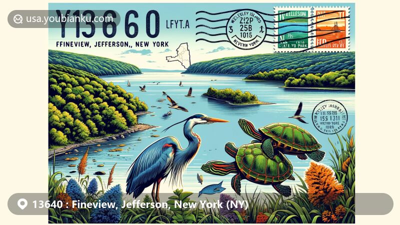 Modern illustration of Fineview, Jefferson County, New York, blending Wellesley Island State Park and Waterson Point State Park wildlife and landscapes, with green and blue herons, painted turtles, and a scenic waterfront, reflecting the area's serene natural beauty.