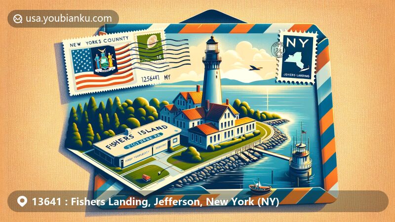 Modern illustration of Rock Island Lighthouse State Park in Fishers Landing, New York, featuring postal theme with New York state flag, Jefferson County stamp, and postal mark with ZIP code 13641 and 'Fishers Landing, NY'.