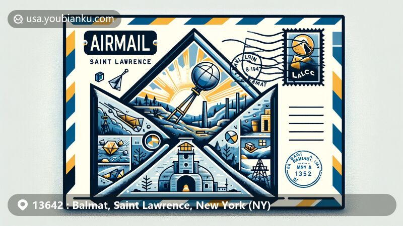 Modern illustration of Balmat, Saint Lawrence, New York, depicting airmail envelope revealing postcard with Balmat mining history symbols, including zinc and talc minerals, mining tools, and county outline.