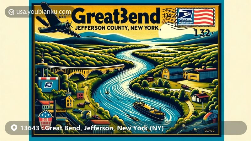 Modern illustration of Great Bend area in Jefferson County, New York, featuring Black River, Fort Drum military base, and postal theme with ZIP code 13643.