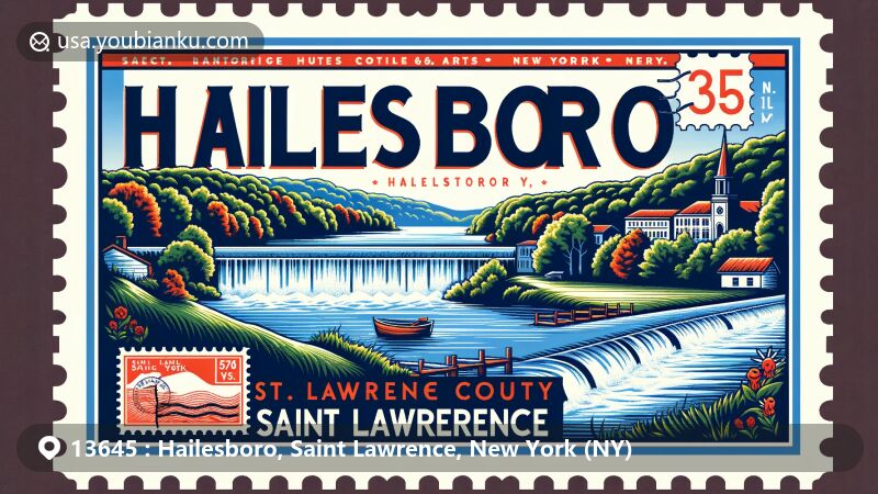Modern illustration showcasing Hailesboro, Saint Lawrence, New York, postal code 13645, in creative postcard style, featuring natural landscapes and cultural heritage, including outdoor activities and historic landmarks.