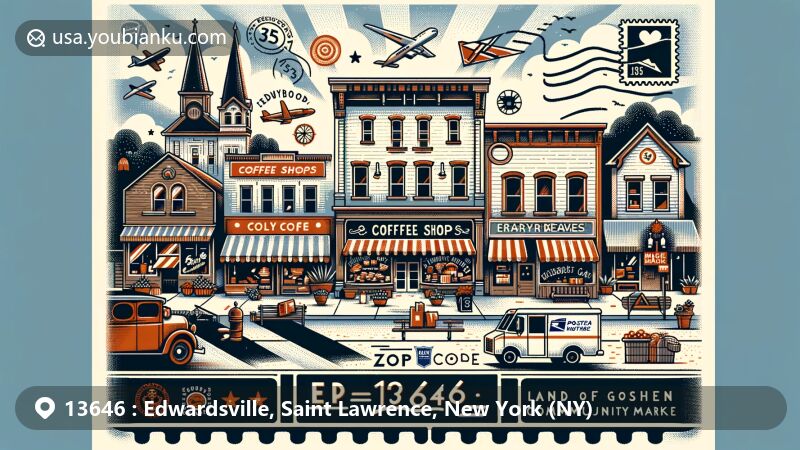 Modern illustration of Edwardsville, New York, downtown with ZIP code 13646, featuring coffee shops, artisan bakeries, craft breweries, boutique stores, and Land of Goshen Community Market.