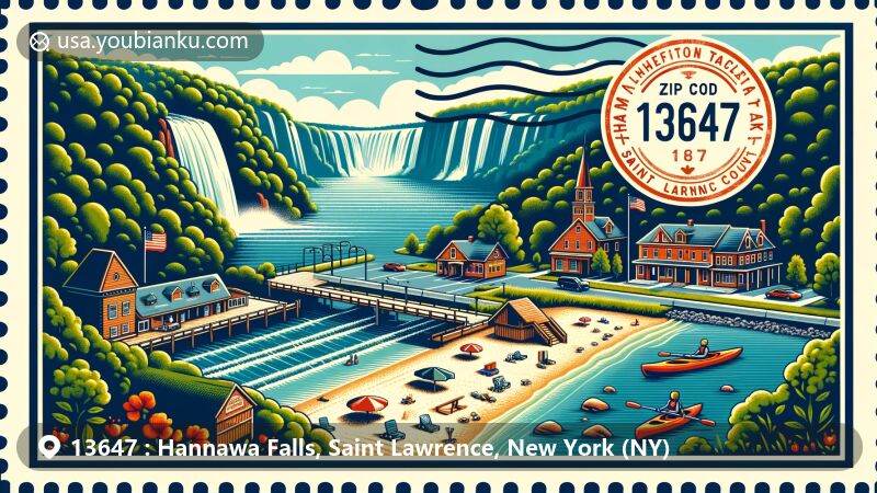 Modern illustration of Hannawa Falls, Saint Lawrence County, New York, emphasizing Red Sandstone Trail and Postwood Park and Beach, showcasing sandy beaches, playgrounds, and kayak rentals on Hannawa Pond, with creative postal theme and vibrant colors.