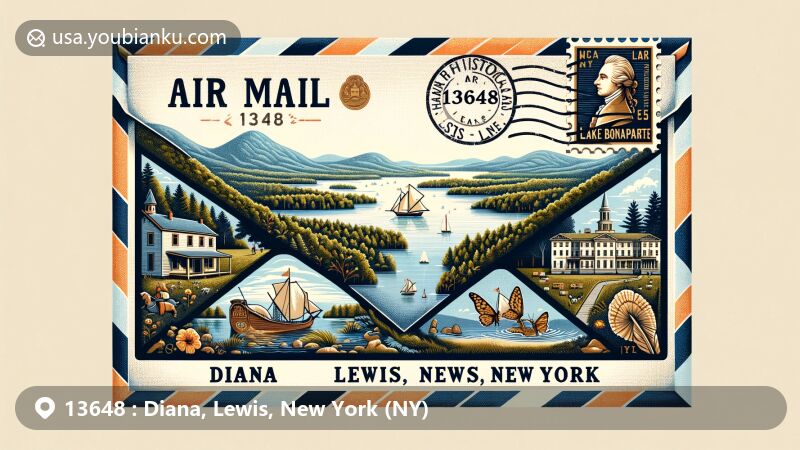 Modern illustration of Diana, Lewis, New York, featuring postal theme with ZIP code 13648, showcasing Lake Bonaparte and Adirondack Park, with a stamp of Harrisville Historical Museum.