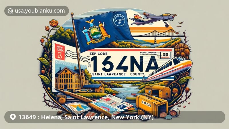 Modern illustration of Helena, Saint Lawrence County, New York, featuring postal theme with ZIP code 13649, showcasing New York state flag, Saint Lawrence County outline, postcard, air mail envelope, stamps, and a postmark.