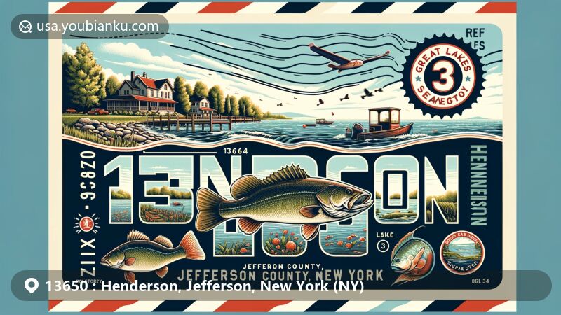 Modern illustration of Henderson, Jefferson County, New York, featuring postal theme with ZIP code 13650, showcasing Lake Ontario shoreline and town's fishing culture.